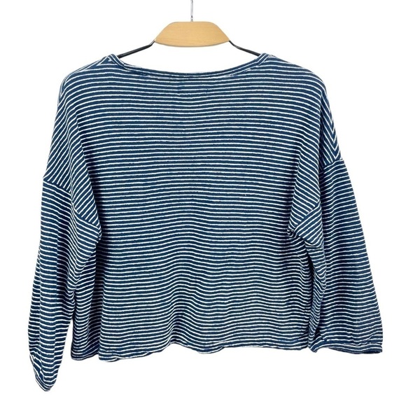 Madewell Navy Striped Bubble Sleeve Cotton Slub V Neck Sweatshirt Size L - Picture 5 of 7